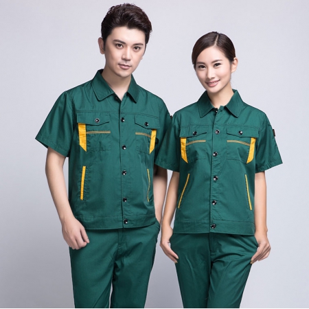 墨绿拼黄夏季工作服