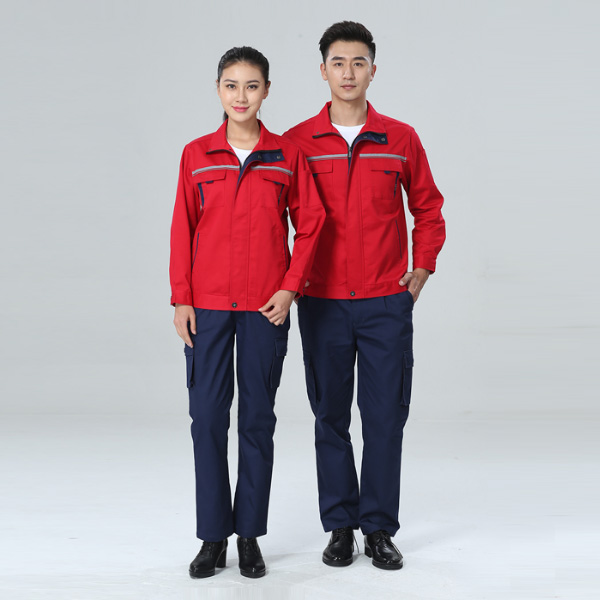 带反光条长袖深红色春秋工作服